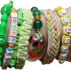 Lot of 7 Friendship Bracelet's lime green yellow pull size bands & stretch OSFM